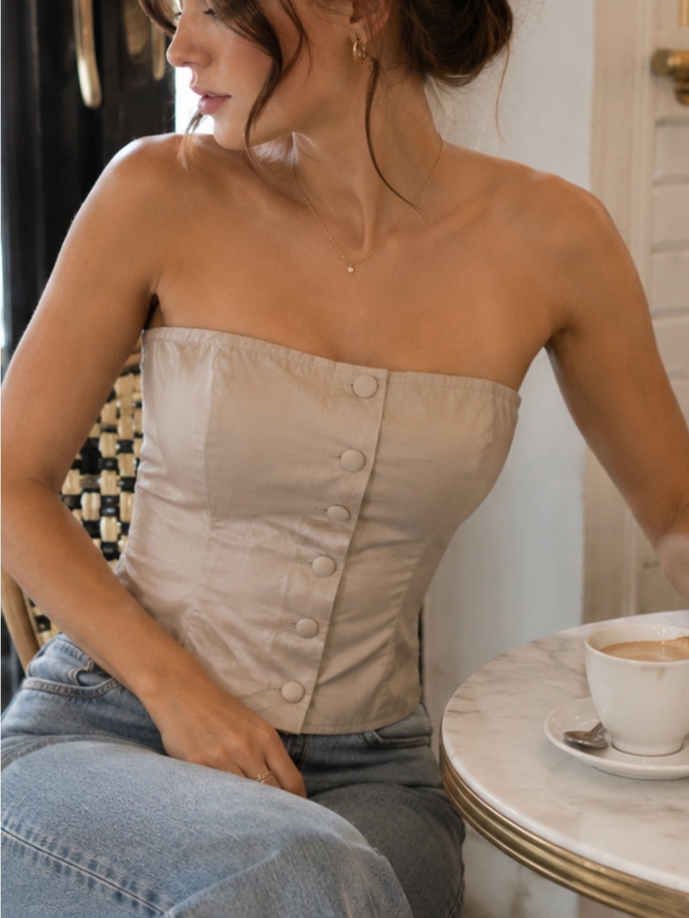 Strapless Button-Front Corset Top in Beige
